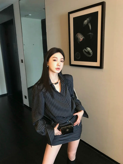 Only Ouyang Striped Long Sleeve Shirt Dress Women's Autumn New Style Waist Slim Slim Retro Hip Skirt