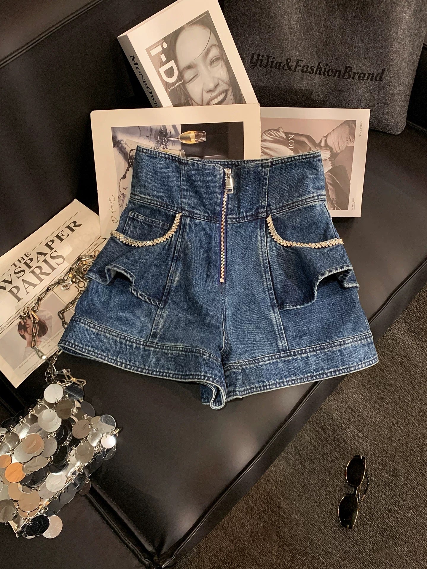 ZHOUYI/Monday Korean Style High-Waisted Zipper Cargo Denim Shorts Women's Summer Youthful Slimming Versatile Wide-Leg Hot Pants