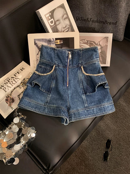 ZHOUYI/Monday Korean Style High-Waisted Zipper Cargo Denim Shorts Women's Summer Youthful Slimming Versatile Wide-Leg Hot Pants