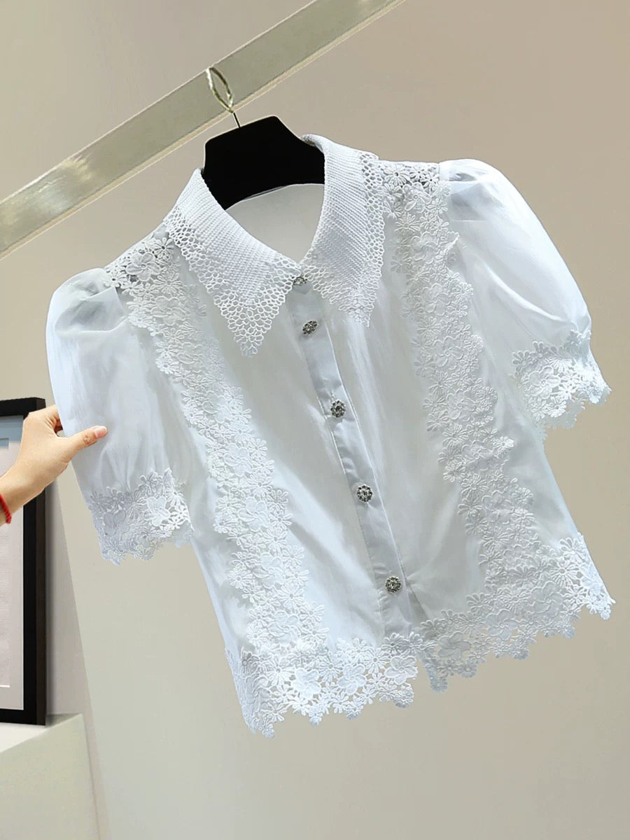 Small rhinestone button puff sleeve shirt 2025 summer high waist short lace lace splicing short sleeve shirt trend