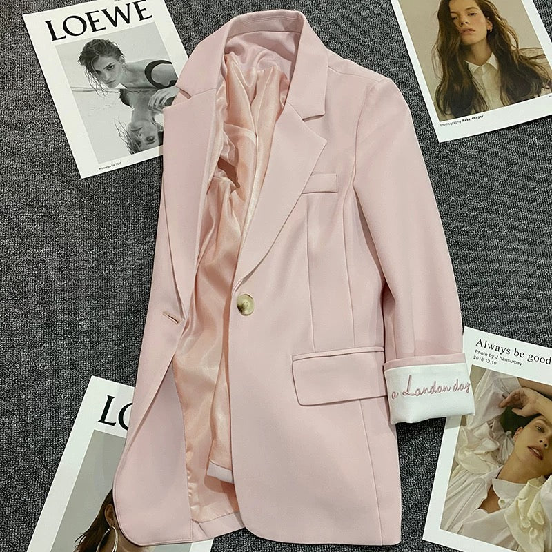 Light pink embroidered suit jacket for women 2025 spring and autumn new Korean style fashionable one button small size trendy suit