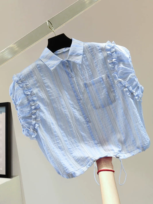 Small ruffled patchwork short-sleeved shirt 2025 summer Korean version of slim high waist short drawstring waist shirt