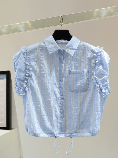 Small ruffled patchwork short-sleeved shirt 2025 summer Korean version of slim high waist short drawstring waist shirt