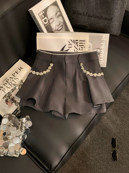 ZHOUYI/Monday: Women's stylish, heavily beaded, pleated mini skirt/pants, perfect for summer, versatile and youthful, grey.