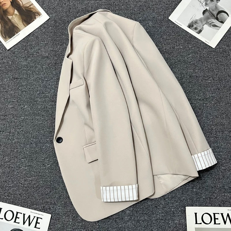 Beige suit jacket for women 2025 spring and autumn new design striped sleeves Korean style versatile casual simple suit