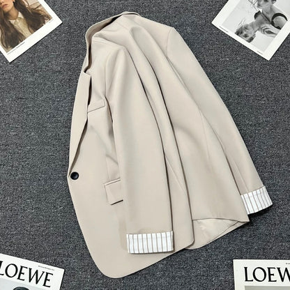 Beige suit jacket for women 2025 spring and autumn new design striped sleeves Korean style versatile casual simple suit