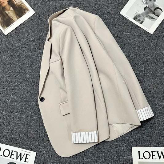 Beige suit jacket for women 2025 spring and autumn new design striped sleeves Korean style versatile casual simple suit