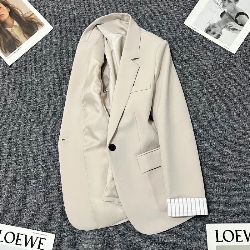 Beige suit jacket for women 2025 spring and autumn new design striped sleeves Korean style versatile casual simple suit