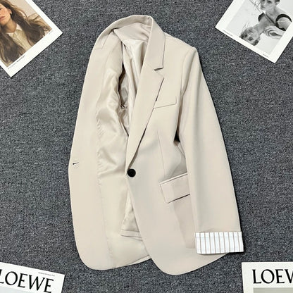 Beige suit jacket for women 2025 spring and autumn new design striped sleeves Korean style versatile casual simple suit
