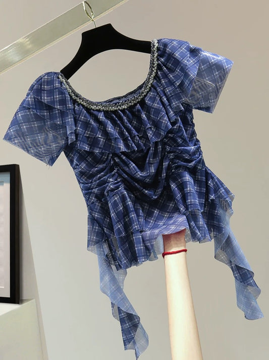 Ruffled elastic waist shirt summer high waist short heavy beaded low round neck short sleeve plaid shirt