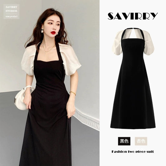 Plus size women's summer French high-end belly-covering dress for fat mm women with waist-slimming Hepburn style little black dress