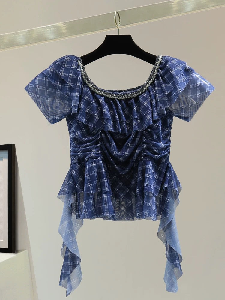 Ruffled elastic waist shirt summer high waist short heavy beaded low round neck short sleeve plaid shirt