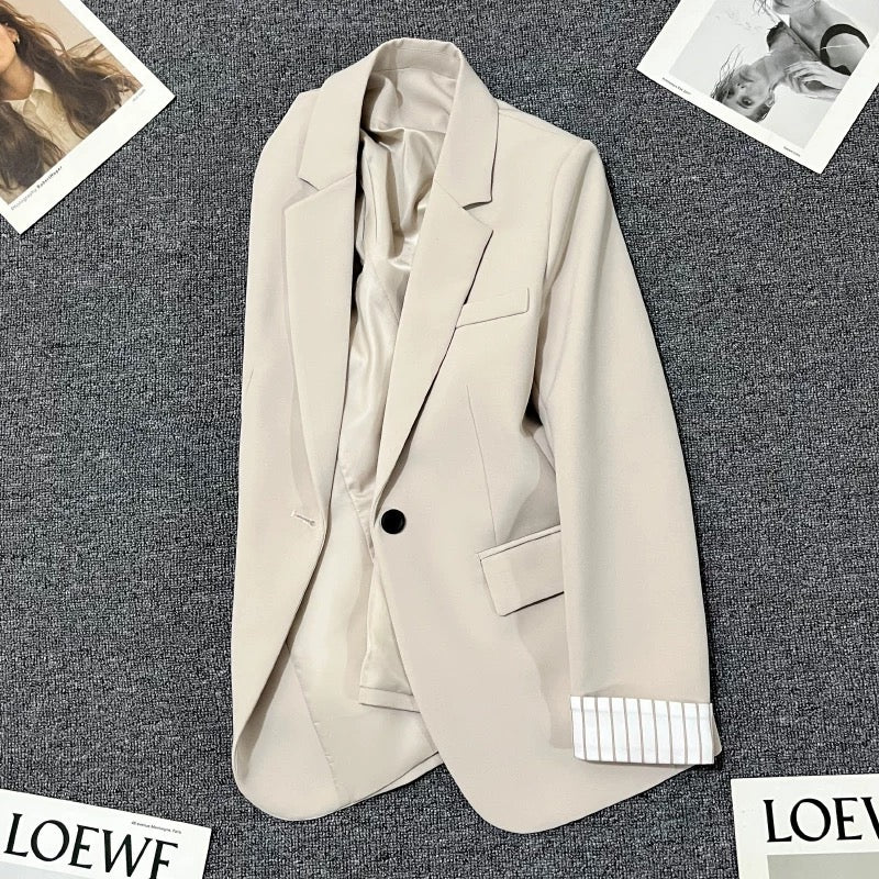 Beige suit jacket for women 2025 spring and autumn new design striped sleeves Korean style versatile casual simple suit