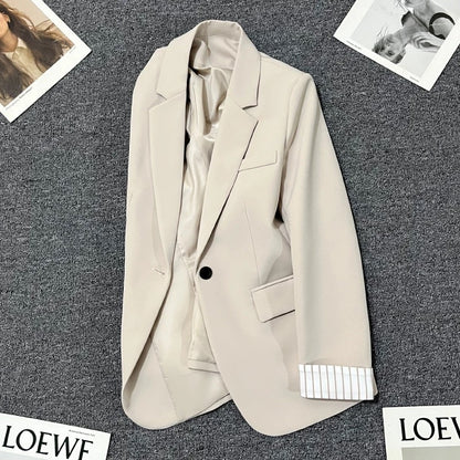Beige suit jacket for women 2025 spring and autumn new design striped sleeves Korean style versatile casual simple suit