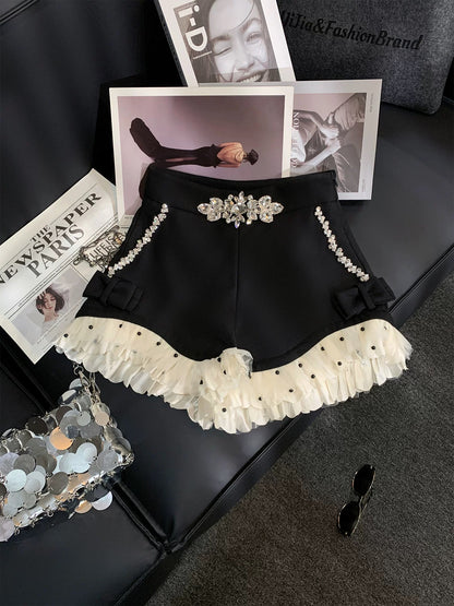 ZHOUYI/Monday French-style rhinestone-embellished mesh shorts for women, high-waisted, slimming, and elegant wide-leg hot pants