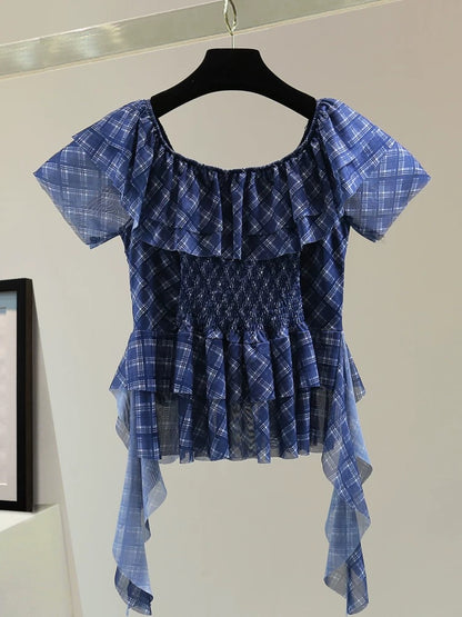 Ruffled elastic waist shirt summer high waist short heavy beaded low round neck short sleeve plaid shirt