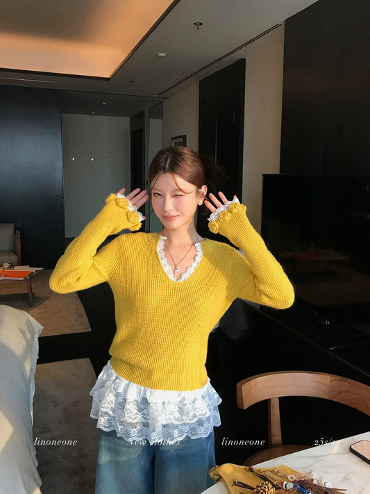 LINONEONE Butter Toast, Delicate and Relaxed Yellow Knit Sweater with Lace Crochet Flowers
