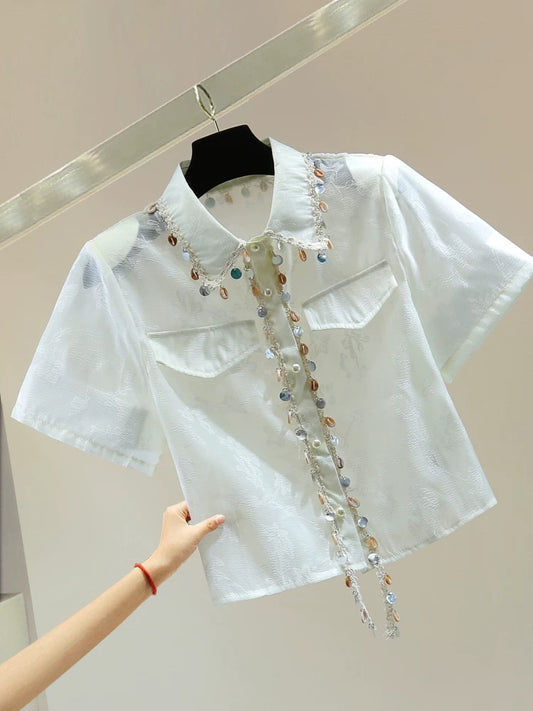Shell decoration tassel print short-sleeved chiffon shirt summer Korean version of high waist short embroidered sequins straight shirt trend