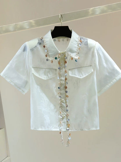 Shell decoration tassel print short-sleeved chiffon shirt summer Korean version of high waist short embroidered sequins straight shirt trend