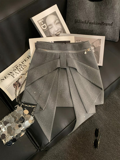 ZHOUYI/Monday's Designer Bow Sequin Midi Skirt for Women, High Waist, Slimming A-line Short Skirt, Irregular Short Skirt