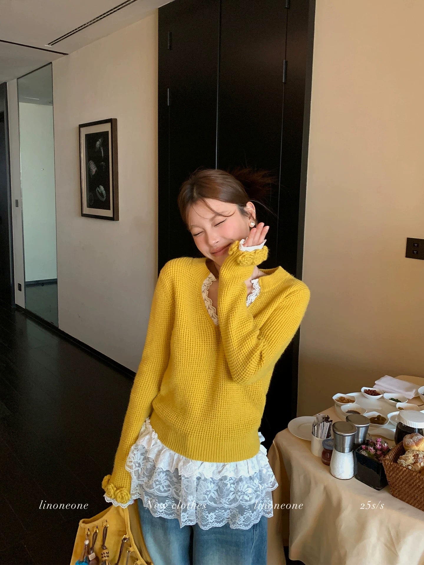 LINONEONE Butter Toast, Delicate and Relaxed Yellow Knit Sweater with Lace Crochet Flowers