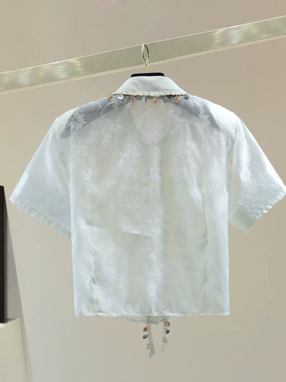 Shell decoration tassel print short-sleeved chiffon shirt summer Korean version of high waist short embroidered sequins straight shirt trend