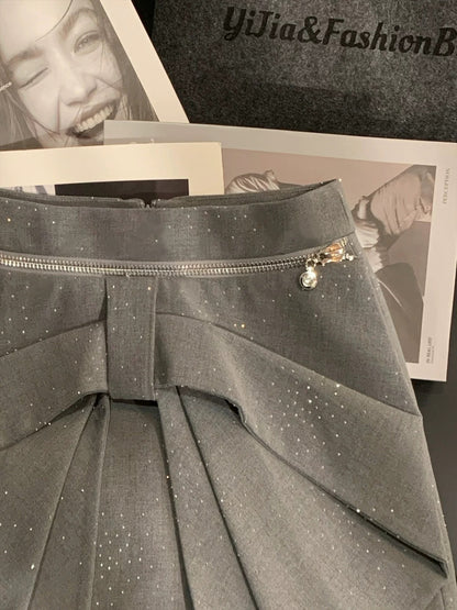 ZHOUYI/Monday's Designer Bow Sequin Midi Skirt for Women, High Waist, Slimming A-line Short Skirt, Irregular Short Skirt