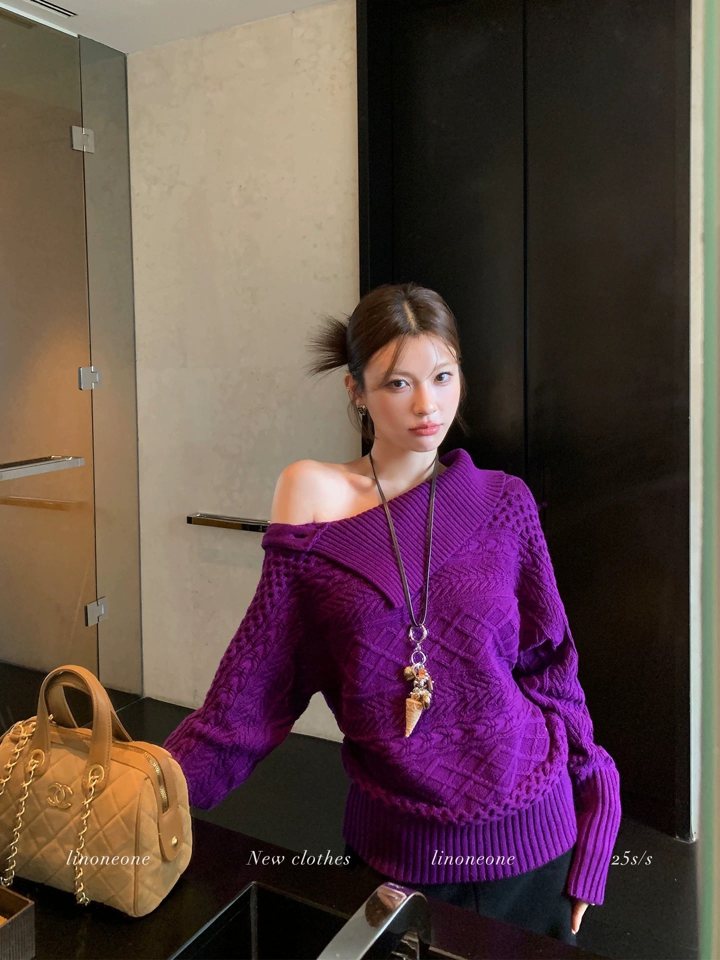 LINONEONE Romantic Balmain Atmosphere Versatile Off-Shoulder Fitted Waist Cable Knit Sweater