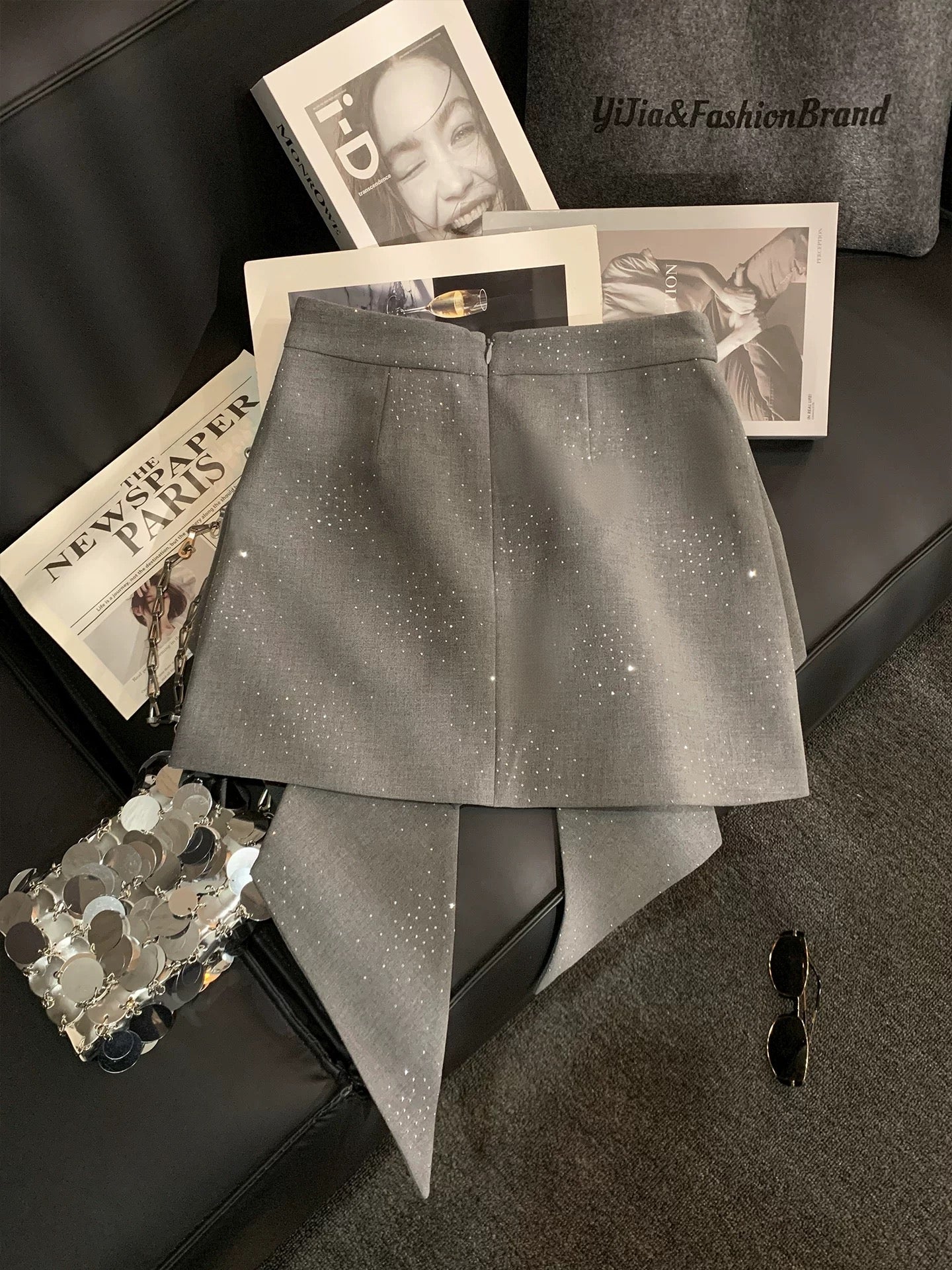 ZHOUYI/Monday's Designer Bow Sequin Midi Skirt for Women, High Waist, Slimming A-line Short Skirt, Irregular Short Skirt