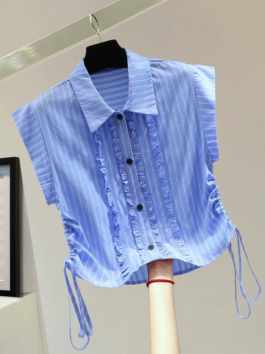Small striped flying sleeve shirt 2025 summer Korean version of high waist short wood ear edge drawstring pleated shirt trend