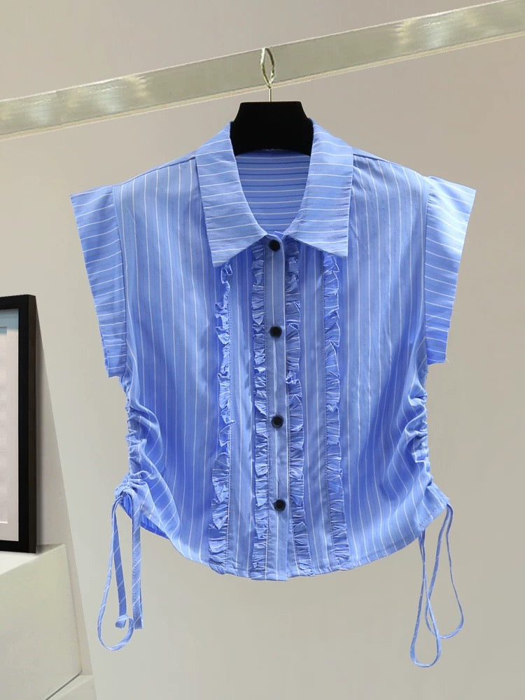 Small striped flying sleeve shirt 2025 summer Korean version of high waist short wood ear edge drawstring pleated shirt trend