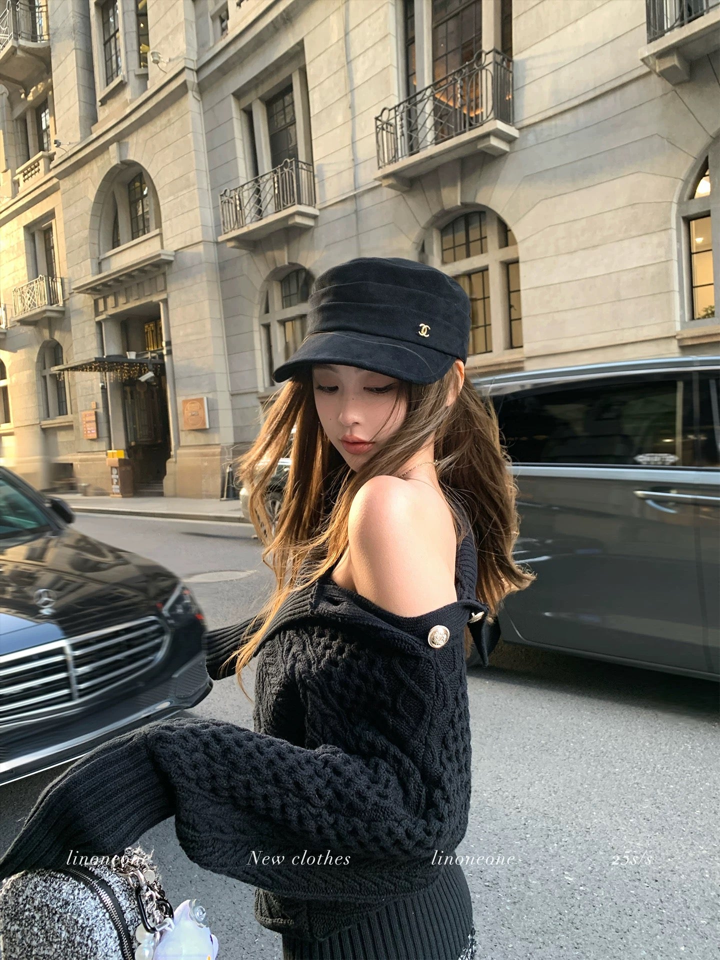 LINONEONE Romantic Balmain Atmosphere Versatile Off-Shoulder Fitted Waist Cable Knit Sweater