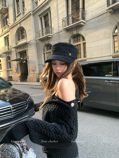 LINONEONE Romantic Balmain Atmosphere Versatile Off-Shoulder Fitted Waist Cable Knit Sweater