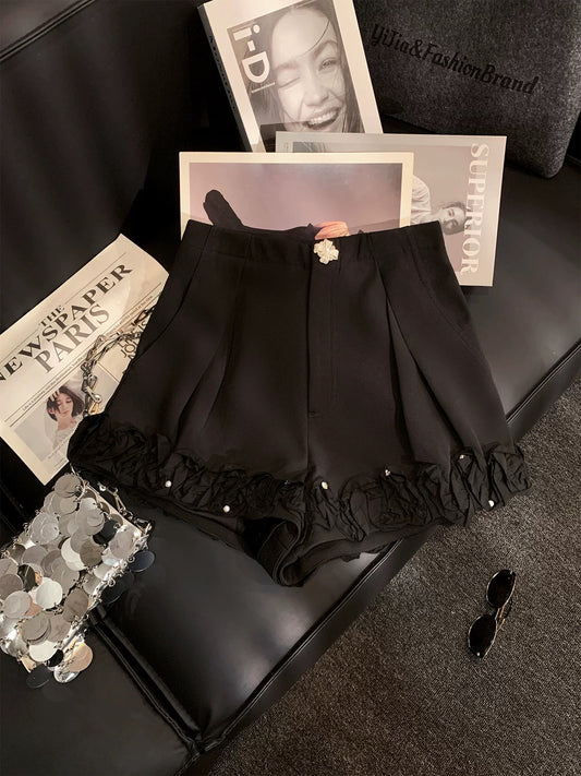 ZHOUYI/Monday High-Waisted Slimming A-Line Wide-Leg Shorts with Heavy-Fit Ruffles and Lace Trim - Versatile Suit Pants