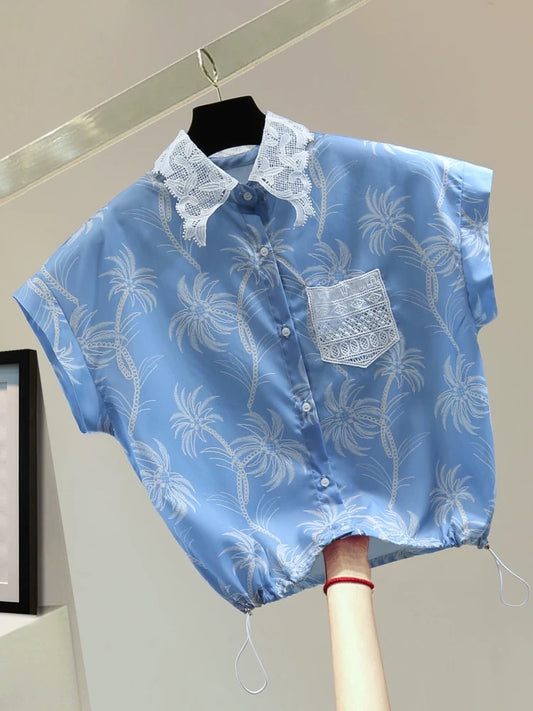 Small lace splicing sleeveless shirt 2025 summer Korean version high waist short drawstring waist printed shirt trend