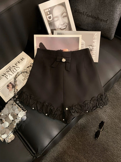 ZHOUYI/Monday High-Waisted Slimming A-Line Wide-Leg Shorts with Heavy-Fit Ruffles and Lace Trim - Versatile Suit Pants