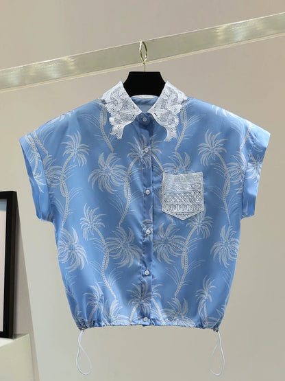 Small lace splicing sleeveless shirt 2025 summer Korean version high waist short drawstring waist printed shirt trend