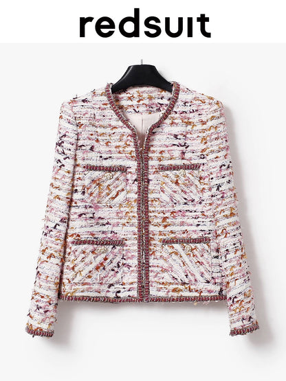 Redsuit exquisite fashion atmosphere mist pink purple Chanel style tweed jacket classic round neck splicing top
