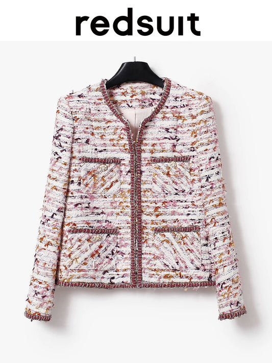 Redsuit exquisite fashion atmosphere mist pink purple Chanel style tweed jacket classic round neck splicing top