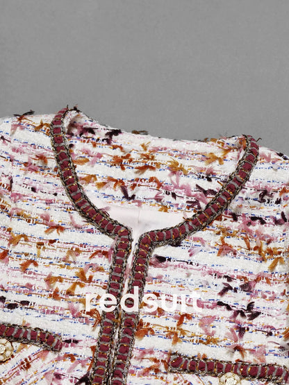 Redsuit exquisite fashion atmosphere mist pink purple Chanel style tweed jacket classic round neck splicing top