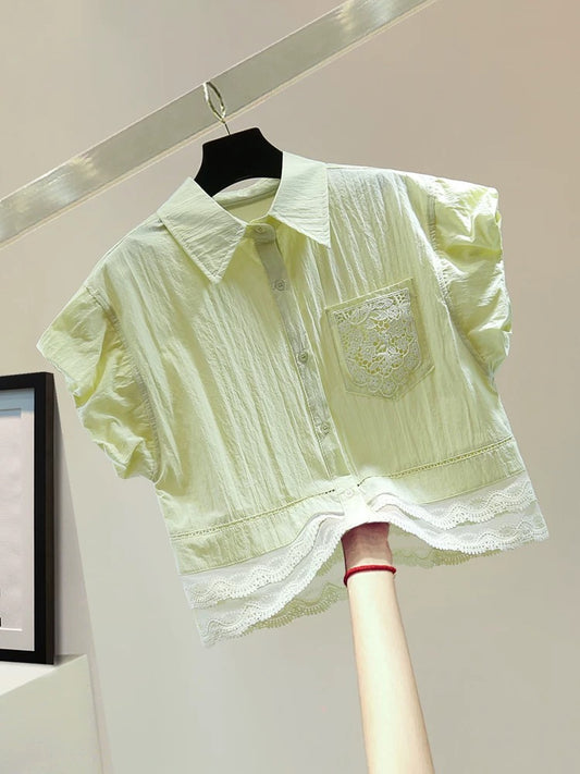 Lace stitching flying sleeves straight shirt 2025 summer Korean version of slim hollow embroidery solid color shirt trend