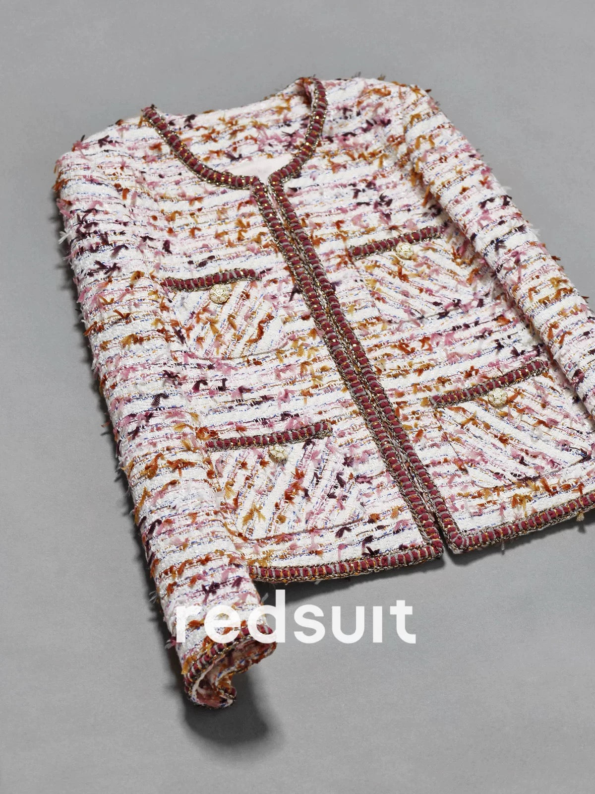 Redsuit exquisite fashion atmosphere mist pink purple Chanel style tweed jacket classic round neck splicing top