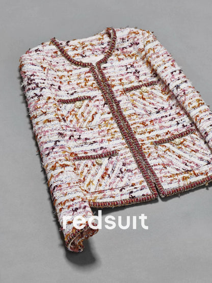 Redsuit exquisite fashion atmosphere mist pink purple Chanel style tweed jacket classic round neck splicing top