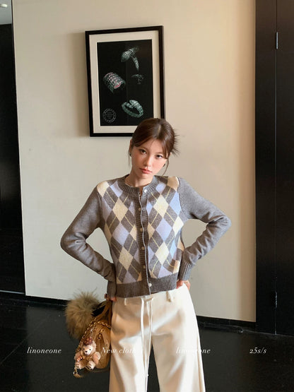 LINONEONE Miu-inspired retro-chic diamond-patterned color-blocked knit cardigan