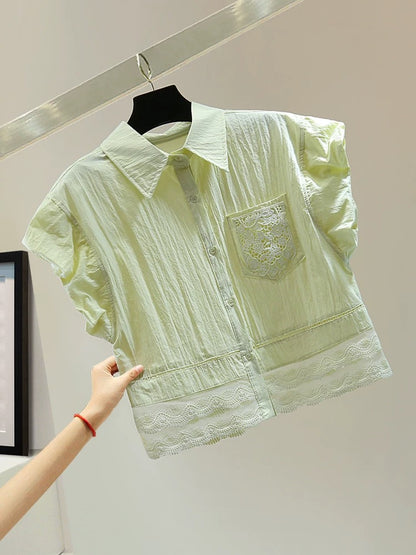 Lace stitching flying sleeves straight shirt 2025 summer Korean version of slim hollow embroidery solid color shirt trend