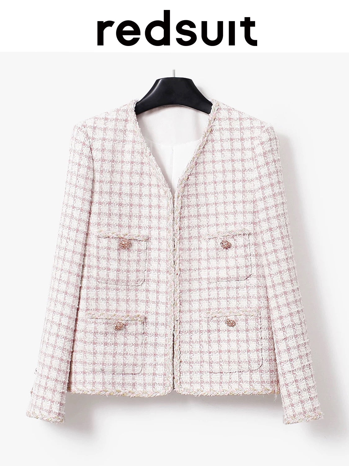 Redsuit Korean sweet and youthful four-pocket embellishment design Chanel style tweed jacket exquisite fashion top