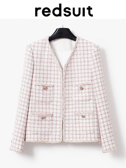 Redsuit Korean sweet and youthful four-pocket embellishment design Chanel style tweed jacket exquisite fashion top