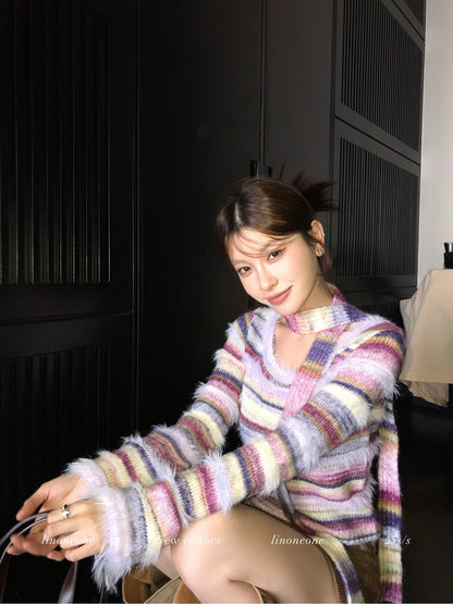 LINONEONE Taro Crepe Sweater - Sweet and Relaxed Purple Striped Pullover Sweater (with Small Scarf)