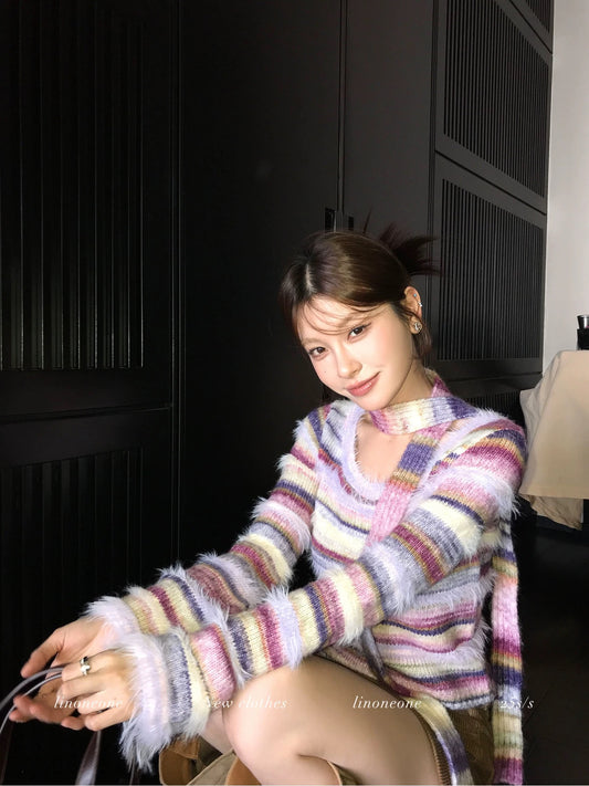 LINONEONE Taro Crepe Sweater - Sweet and Relaxed Purple Striped Pullover Sweater (with Small Scarf)