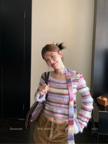 LINONEONE Taro Crepe Sweater - Sweet and Relaxed Purple Striped Pullover Sweater (with Small Scarf)
